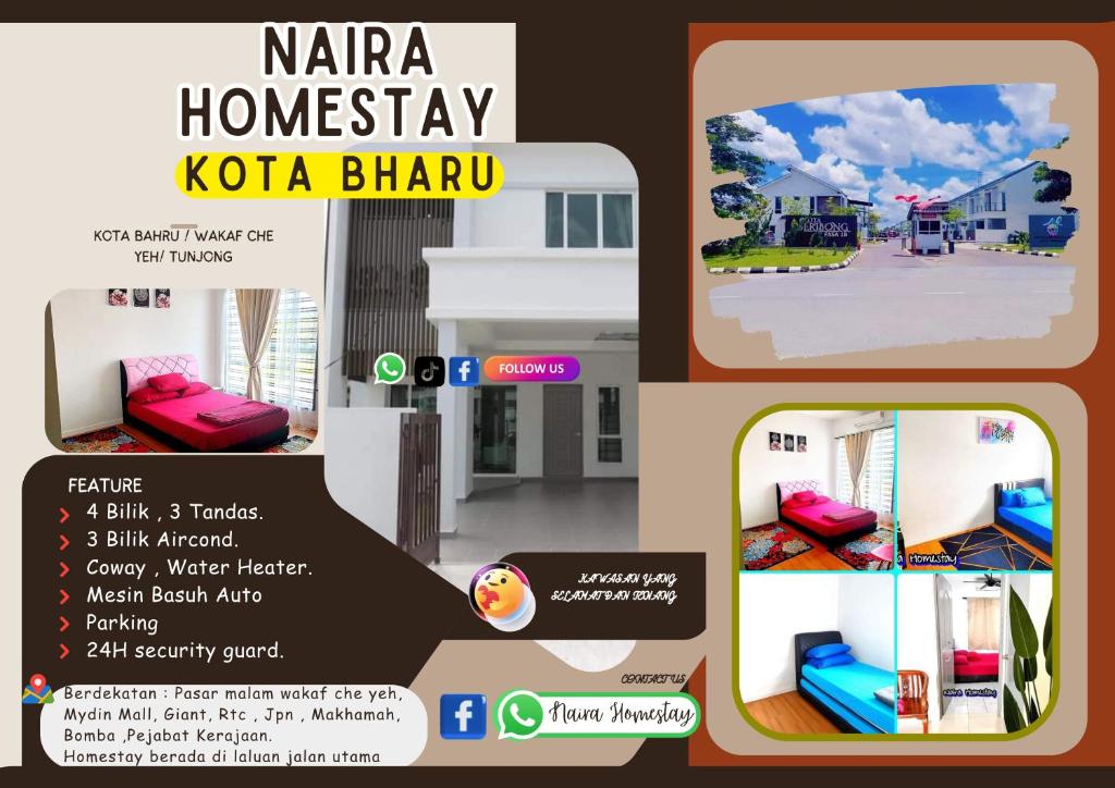 哥打巴鲁Naira Homestay Kota Bharu ,Wakaf Che Yeh 4 Bilik 3 Aircond的家外卖的口袋袋