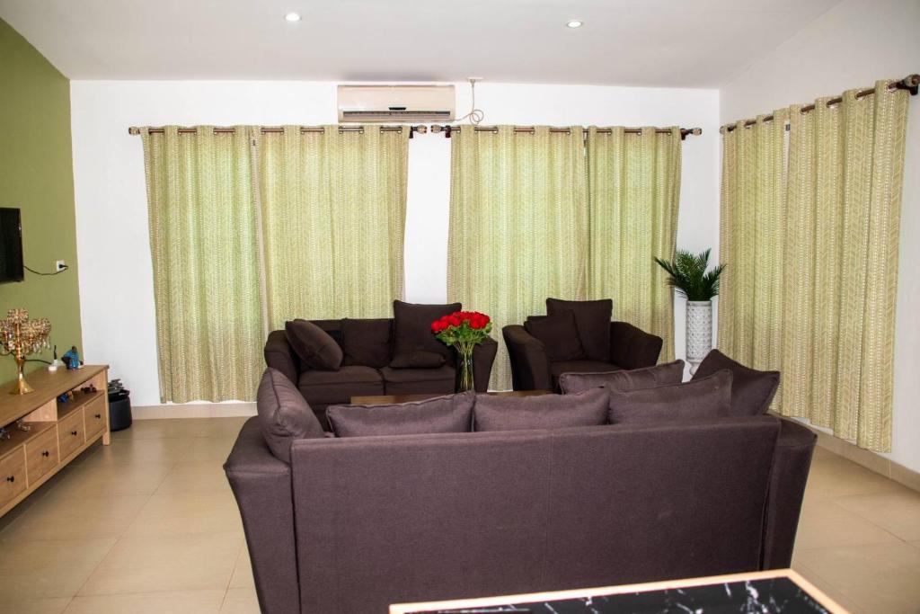南迪Fijian Homestay - 3 bedroom house的客厅配有大沙发和窗帘