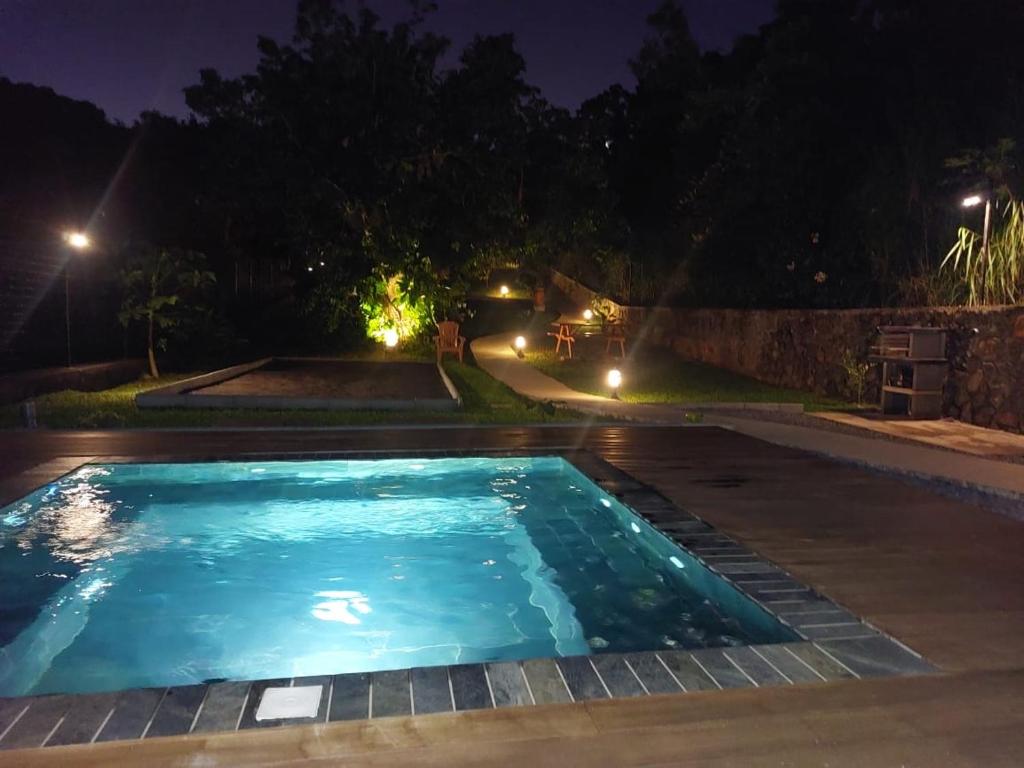 圣若瑟Austral House-chalet sud sauvage的夜间在院子里的游泳池
