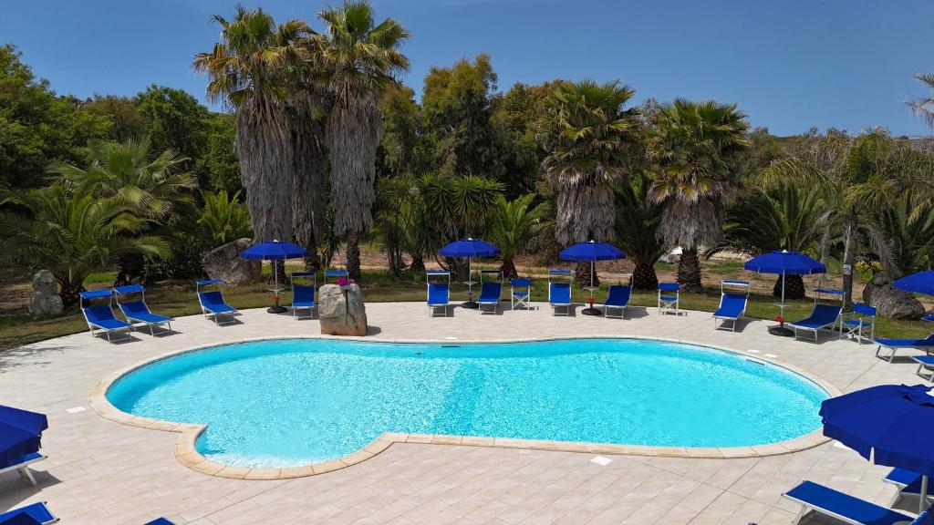 阿尔布斯白色岩石农场酒店的一个带椅子和蓝伞的游泳池