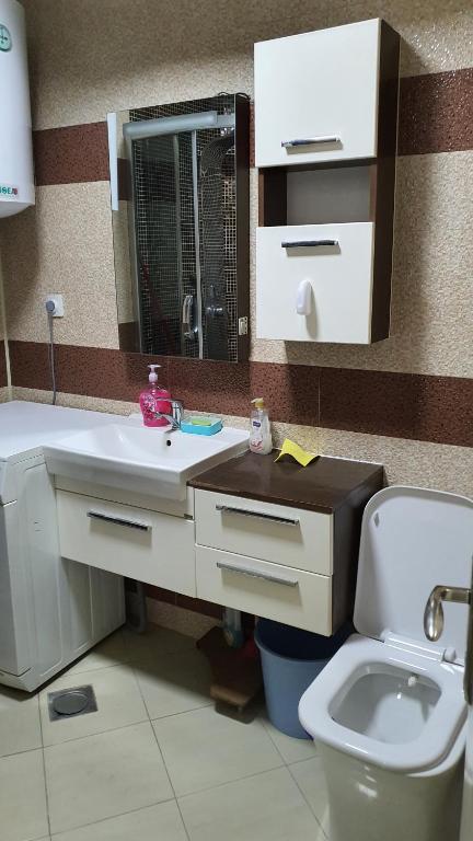 米特罗维察Mbretersha Teuta的一间带水槽、卫生间和镜子的浴室