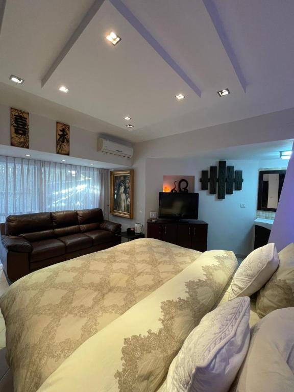 埃拉特Eilat Beach House的带一张大床和一张沙发的卧室
