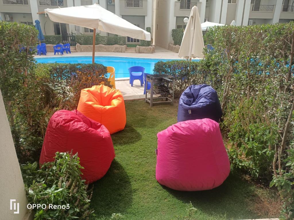 艾因苏赫纳Chalet at Lasirena Mini Egypt Resort Ein Elsokhna Families Only的四个豆袋坐在游泳池附近的草地上