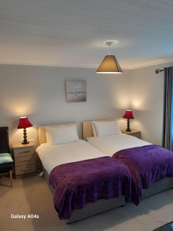 韦斯特波特Elmgrove Apartment , Croagh Patrick Westport的一间卧室配有两张紫色毯子的床