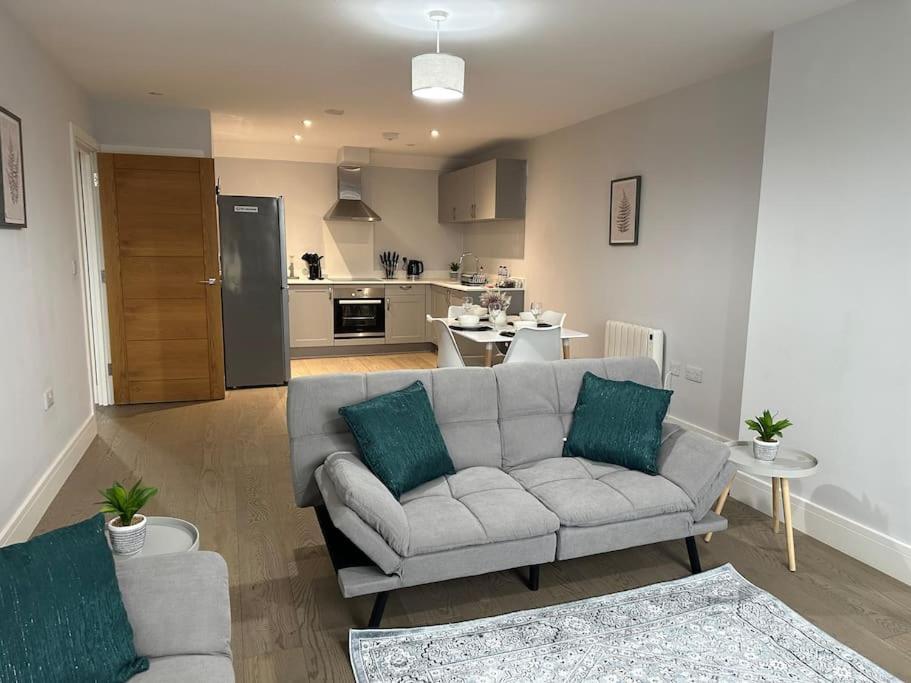 布伦特伍德Spacious, bright, modern flat的带沙发的客厅和厨房