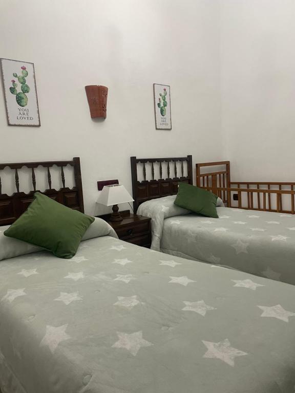 La Puerta de SeguraLa magnolia的一间卧室配有两张带绿色和白色毯子的床
