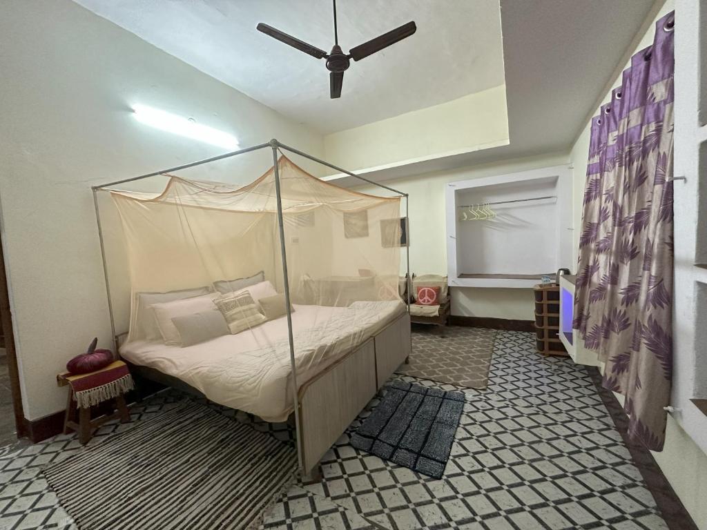 瓦拉纳西Stay At The Home的一间卧室配有一张带天蓬的床