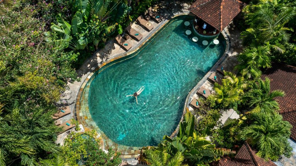 塞米亚克Tonys Villas & Resort Seminyak - Bali的享有度假村游泳池的顶部景致