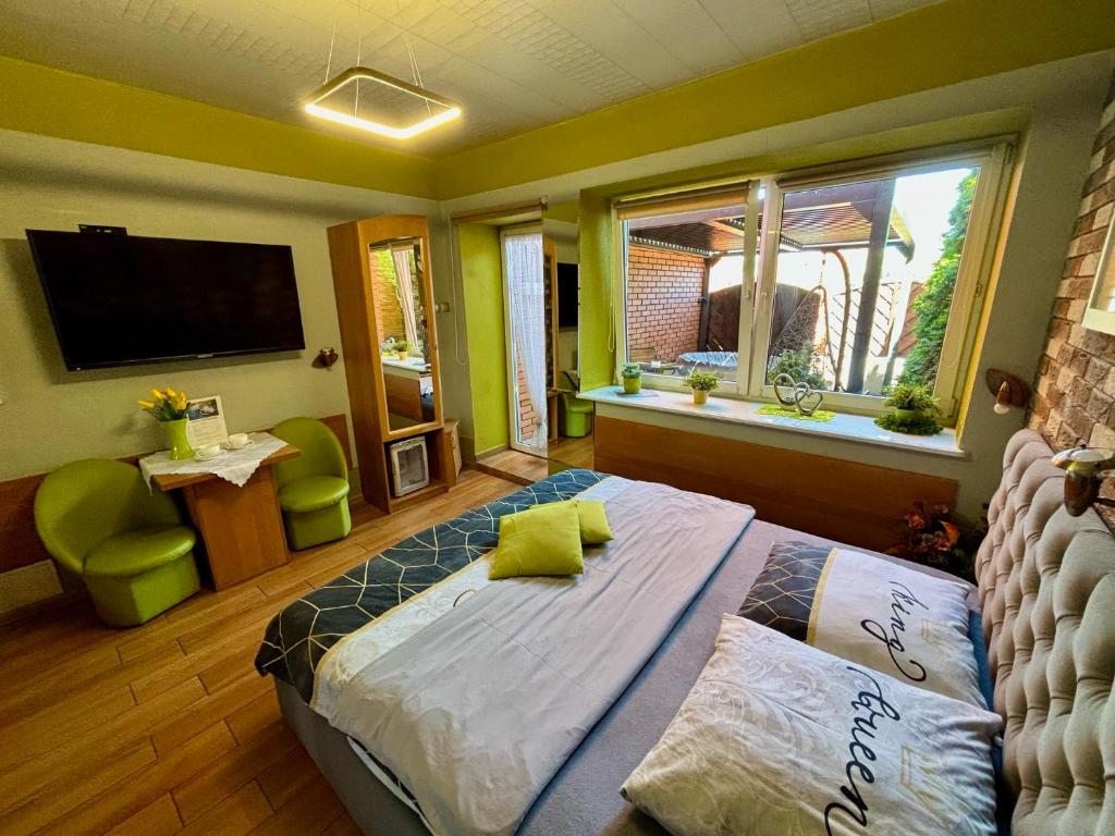 格涅兹诺Apartament "Love Island" z Jacuzzi SPA dla Dwojga的一间卧室设有一张大床和一个窗户。