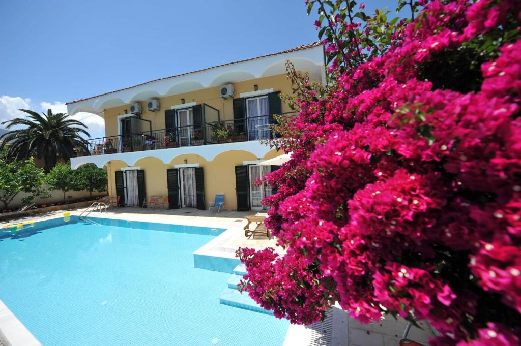 阿查拉维玛丽酒店的一座别墅,设有游泳池和粉红色的鲜花