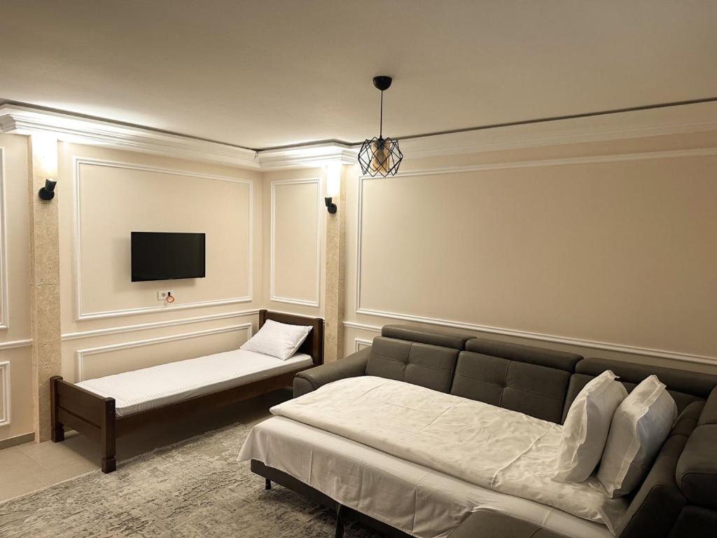 扎布利亚克Villa Zabljak的一间带两张床、一张沙发和一台电视的卧室