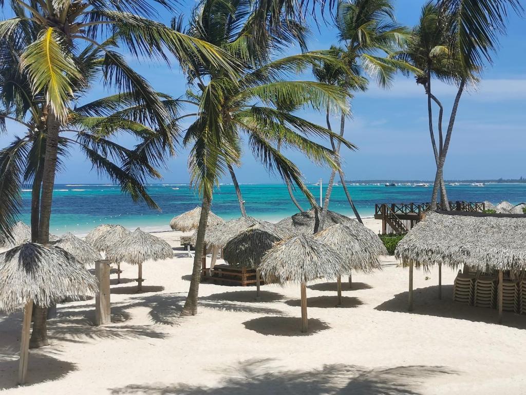 蓬塔卡纳DELUXE VILLAS BAVARO BEACH & SPA - best price for long term vacation rental的一片带草伞和棕榈树的海滩