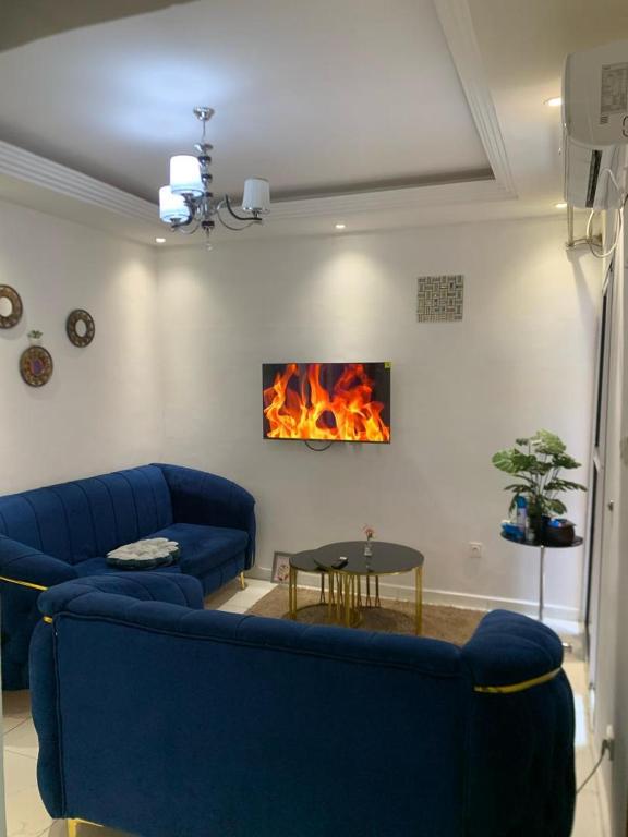 杜阿拉Gokus Home的客厅设有蓝色的沙发和壁炉