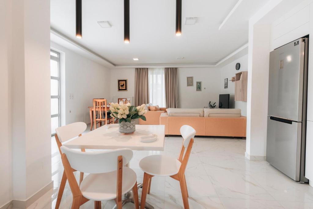 阿凯松Zante Luxury Apartment的厨房以及带桌椅的起居室。