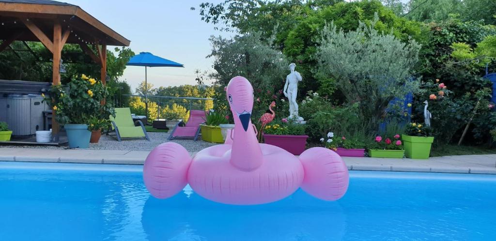 Gratens赫尔敏奥西坦住宿加早餐旅馆的粉红色的火烈鸟在游泳池的水中漂浮