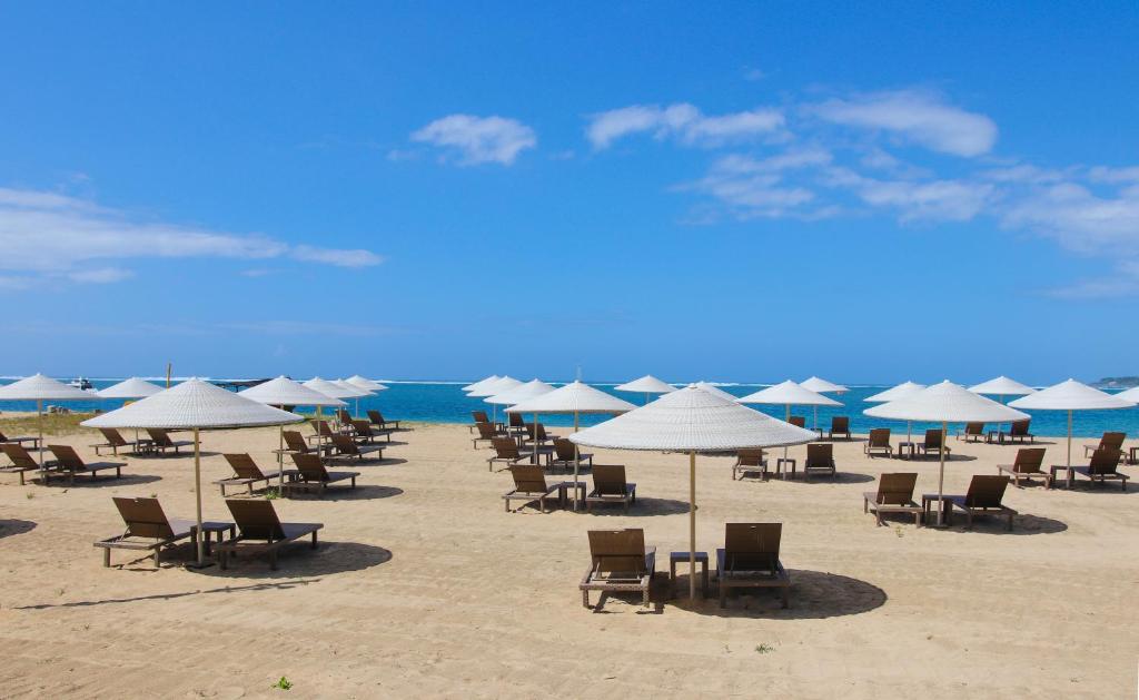 沙努尔萨努尔美居度假酒店的沙滩上的一把椅子和遮阳伞