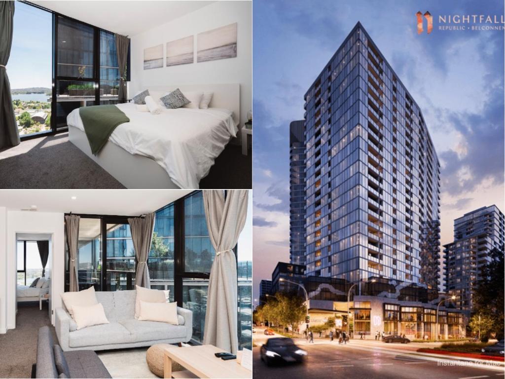 贝尔康嫩Modern 2b2b Apt -2 king bed-2 parking-UC-Westfield的照片拼贴在与大楼同一栋酒店房间的照片上