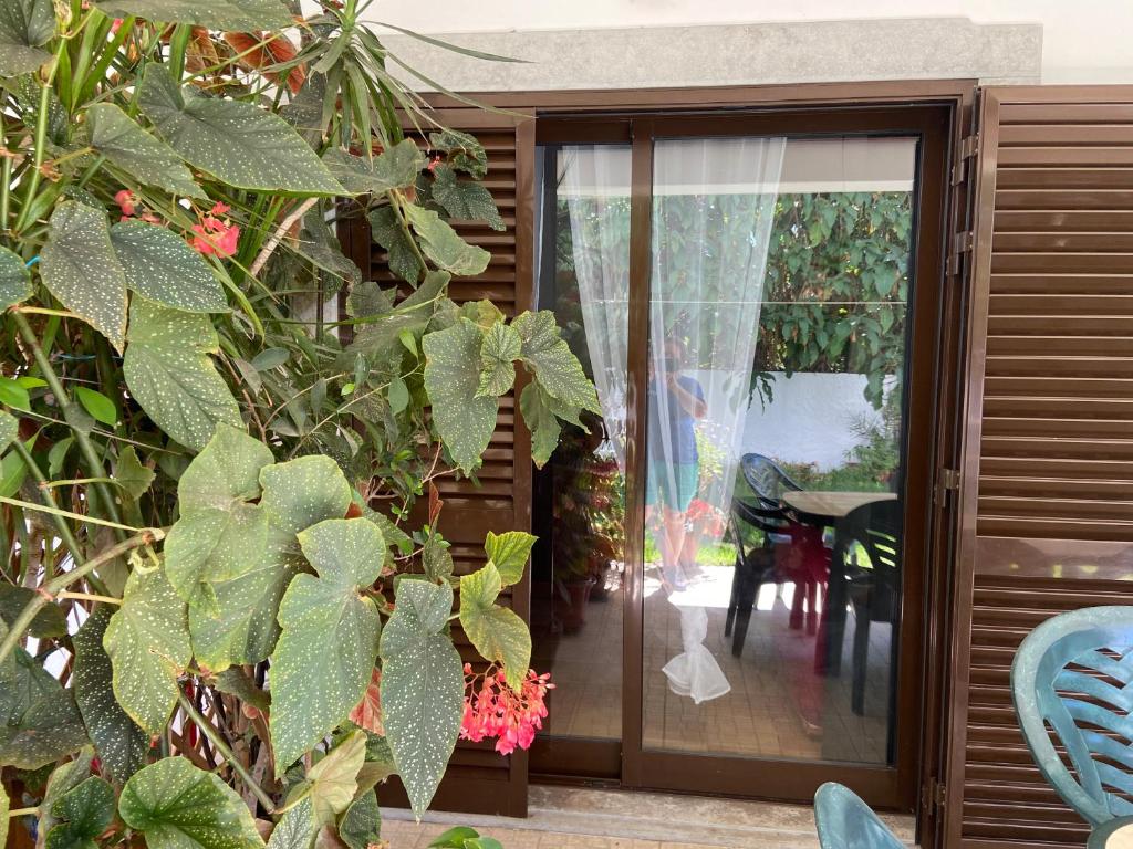 斯代塔维拉A casa da Maria的滑动玻璃门通往带桌子的庭院