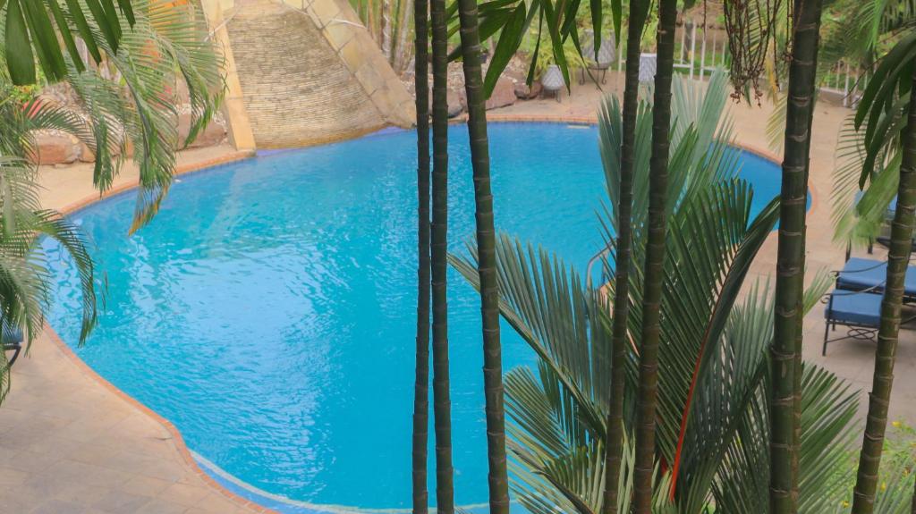 阿克拉Palm Court的享有棕榈树蓝色游泳池的顶部景致