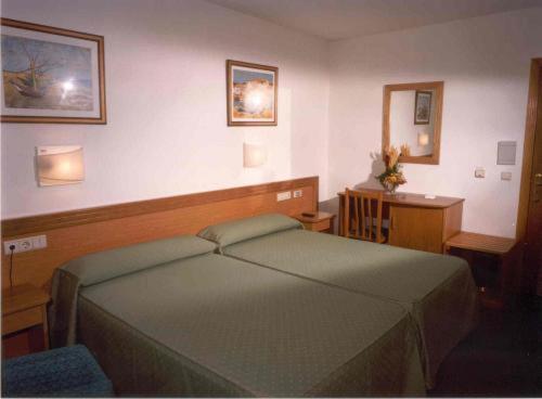 圣地亚哥－德孔波斯特拉圣维森特酒店的一间卧室配有一张床、一张书桌和一面镜子