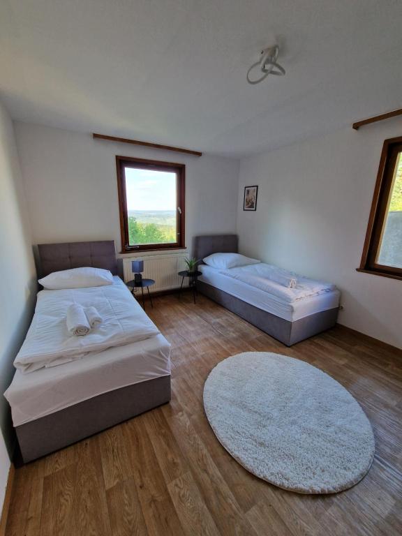 温特巴赫RANGE- Landhaus mit Panoramablick - 2 Apartments - 12 Personen的一间带两张床的卧室和地毯