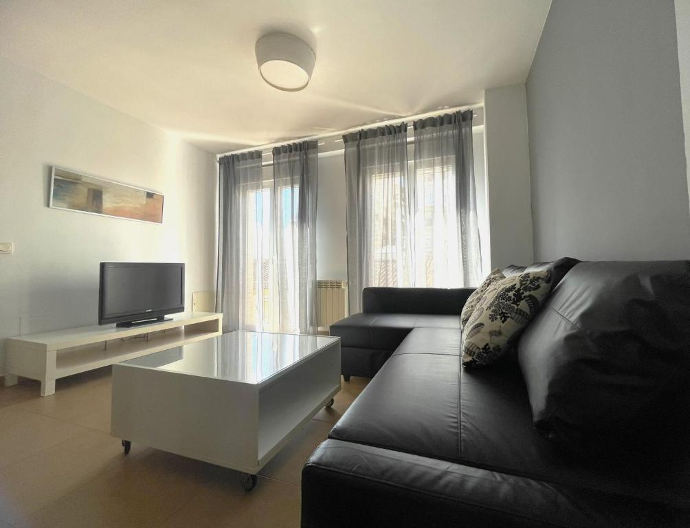 隆达隆达中心恩艾尔公寓的客厅配有黑色沙发和电视