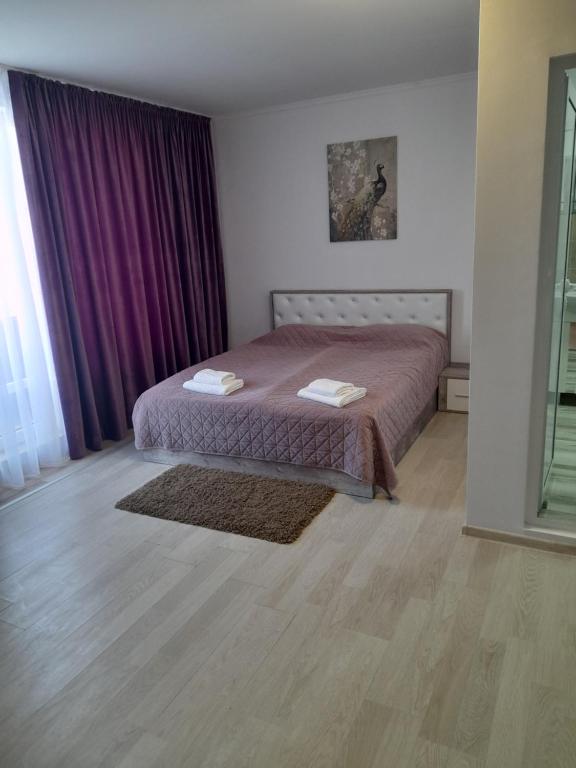 拉夫达3 Room Penthouse Apartment with fantastic Seaview and big Terraces OASIS Ravda的一间卧室配有一张床和紫色窗帘
