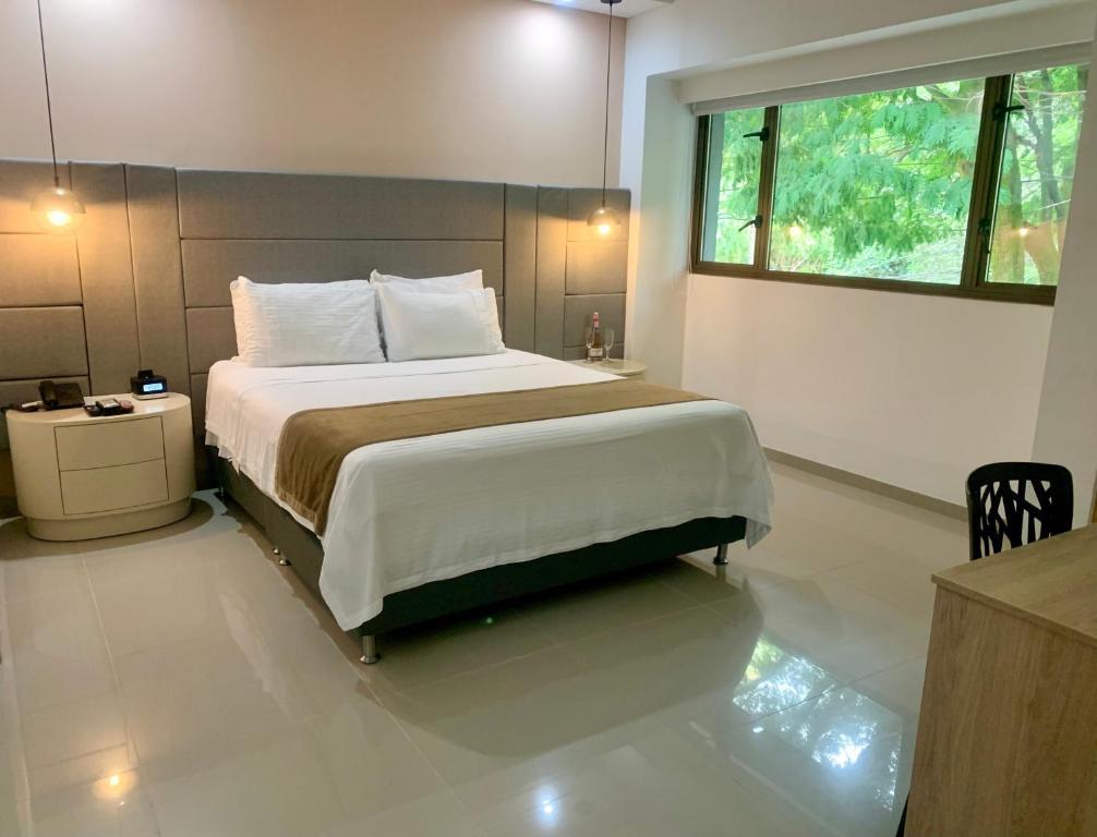 麦德林佐纳A酒店的一间卧室设有一张大床和一个窗户。