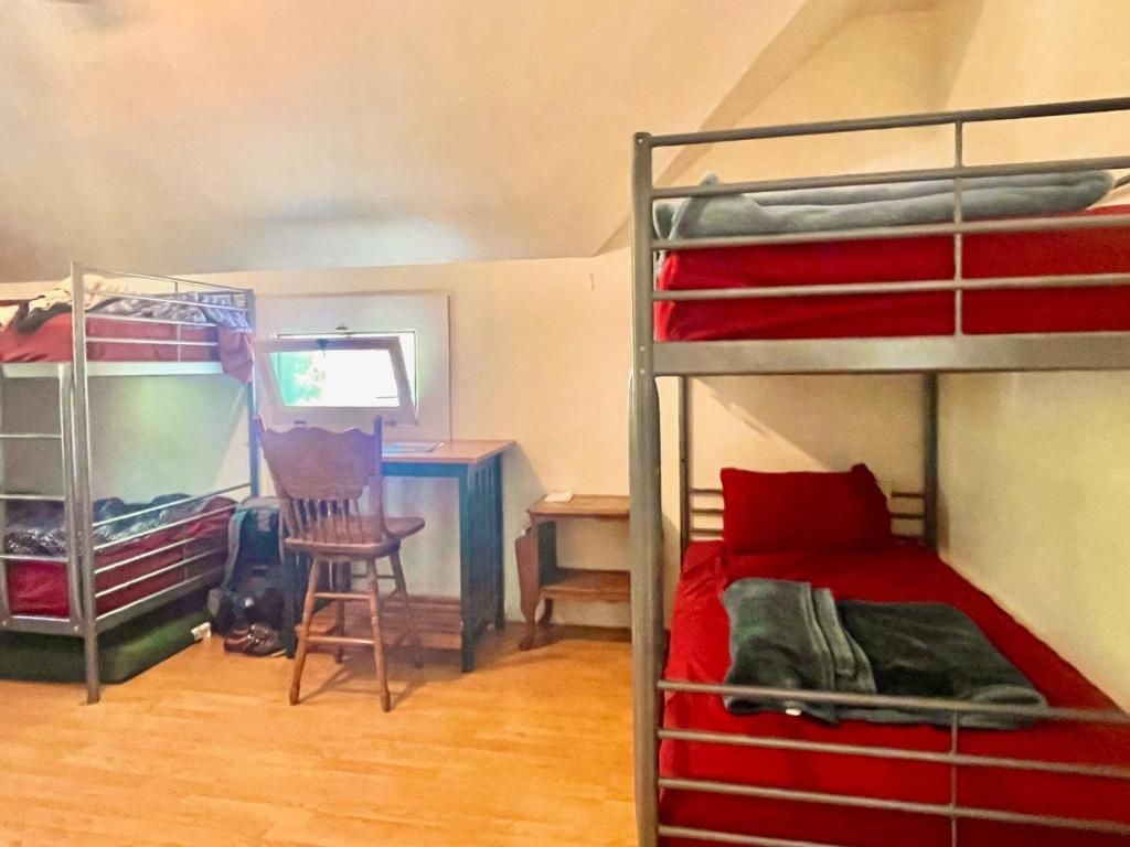 圣路易斯-奥比斯保San Luis Obispo Hostel的一间卧室配有两张双层床和一张书桌