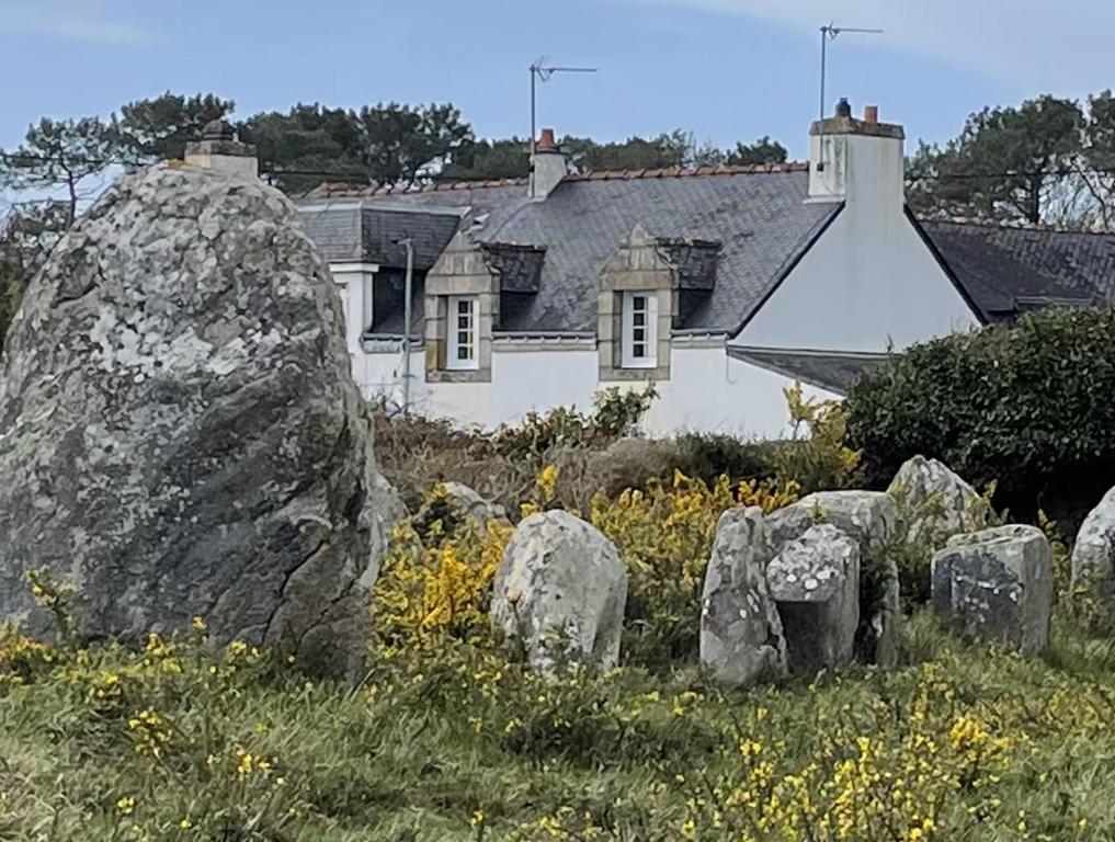 卡纳克Maison vue sur les alignements de Carnac - Les Glycines的白色房子前面的大石头