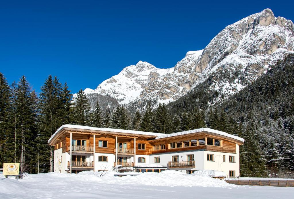 维皮泰诺Residence Reisenschuh的山底下雪中的房子