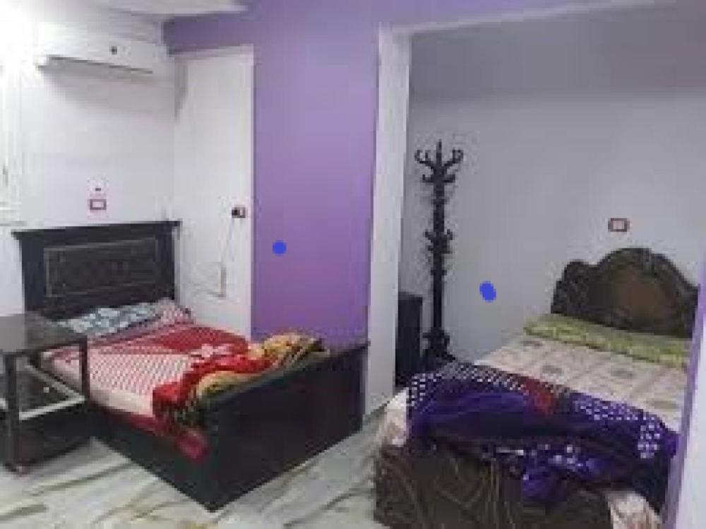 安曼fort House的卧室设有紫色墙壁、一张床和一张桌子