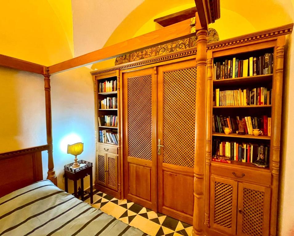 苏塞Dar Aziz的一间卧室配有床和书架,并提供书籍