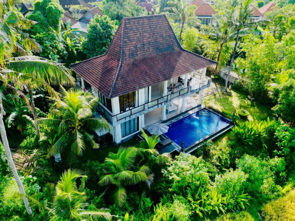 乌布Sunset Pandawa Villa的享有带游泳池的房屋的空中景致