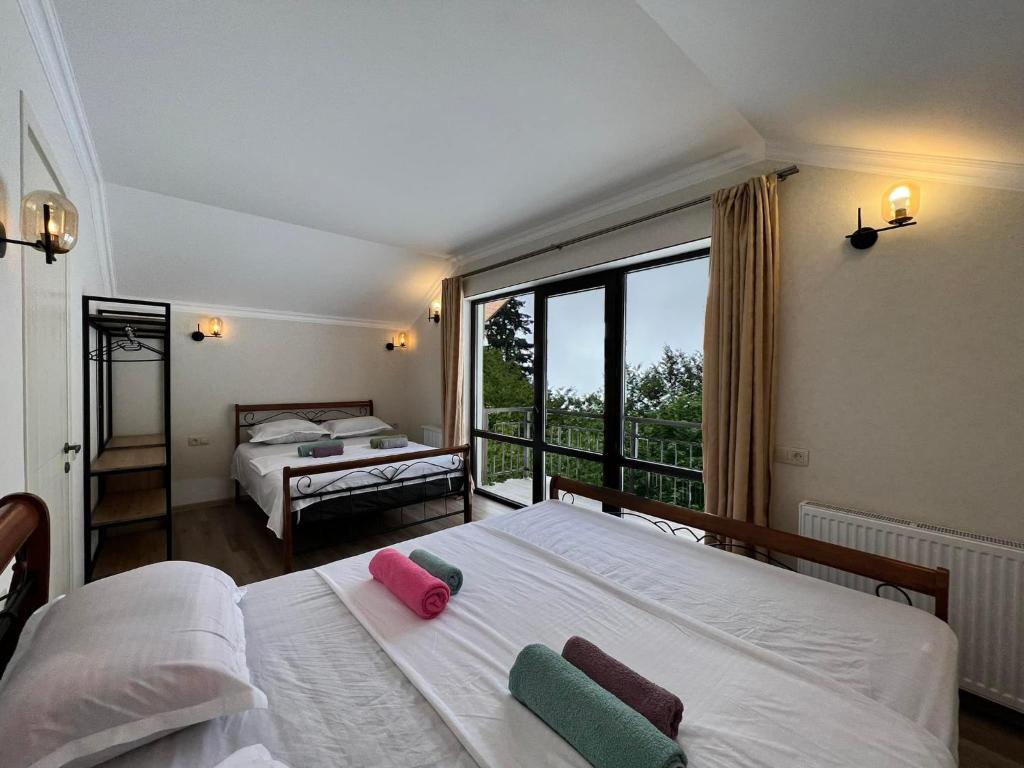 巴库里阿尼Mount Inn Villa的一间卧室设有两张床和大窗户