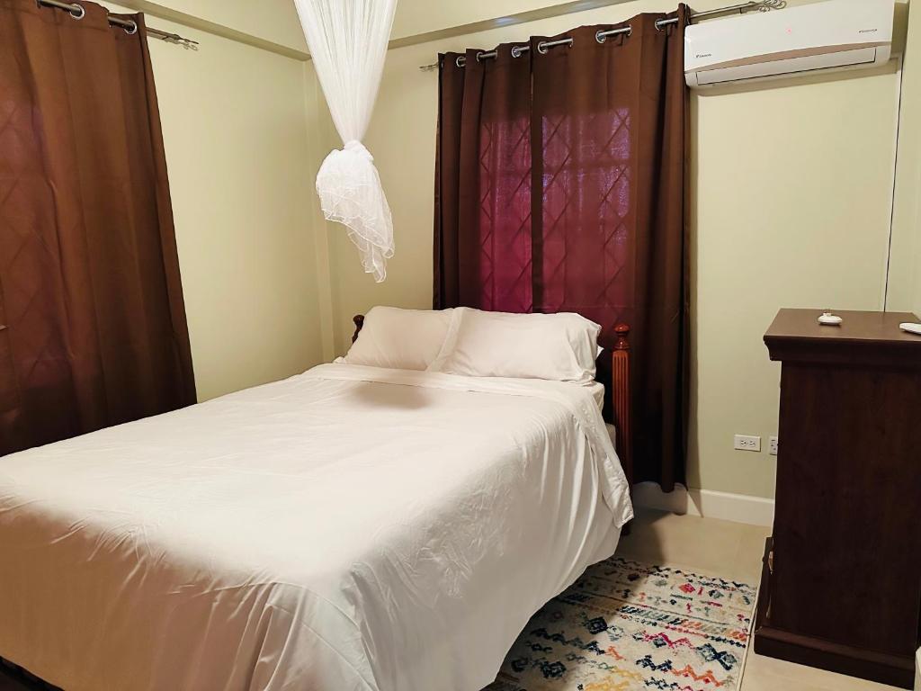 金斯敦Fraser's Suites的卧室配有白色的床和窗户。