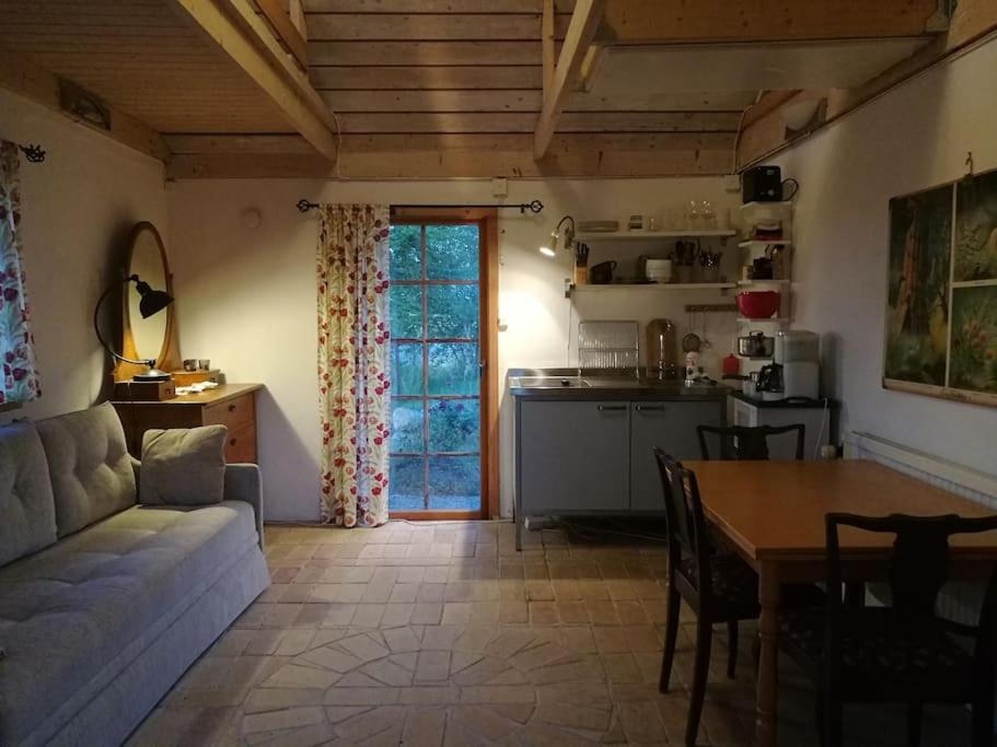 Skåne-TranåsCharming cottage in a beautiful landscape的带沙发和桌子的客厅以及厨房。