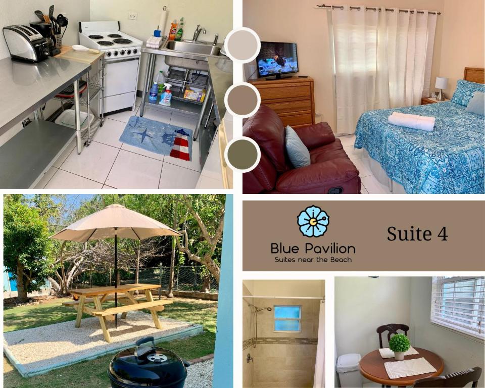 西湾SUITE 4, Blue Pavilion - Beach, Airport Taxi, Concierge, Island Retro Chic的厨房和客厅的照片拼合在一起