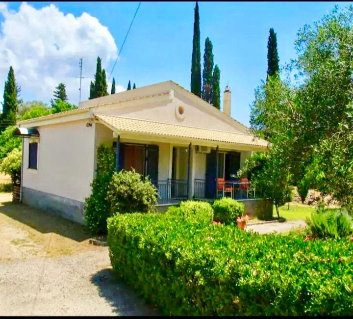 KynopiástaiEirini's House Corfu的前面有灌木丛的小白色房子