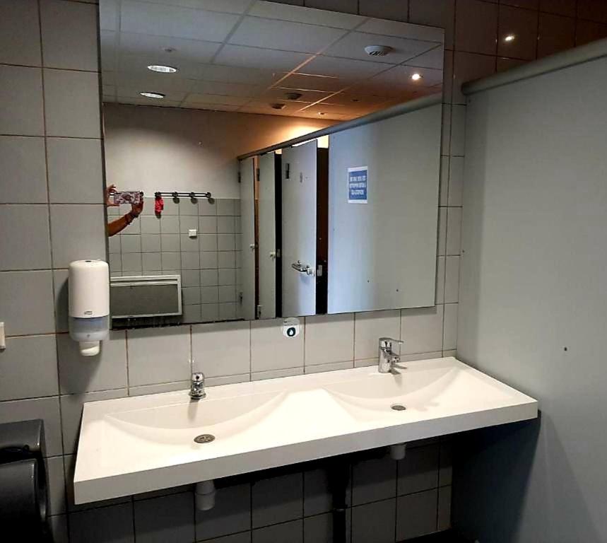 鲁昂Bateau le Zimon - logement insolite的一间带水槽和大镜子的浴室