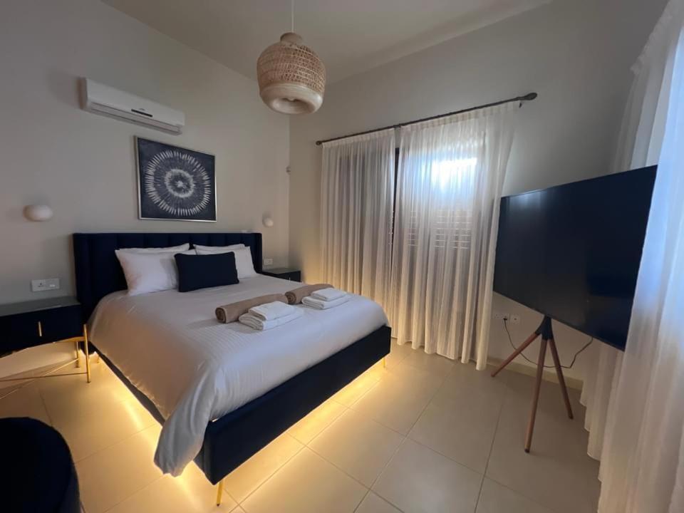 利马索尔Matteo Villa Limassol Cyprus的一间卧室配有一张大床和一台平面电视