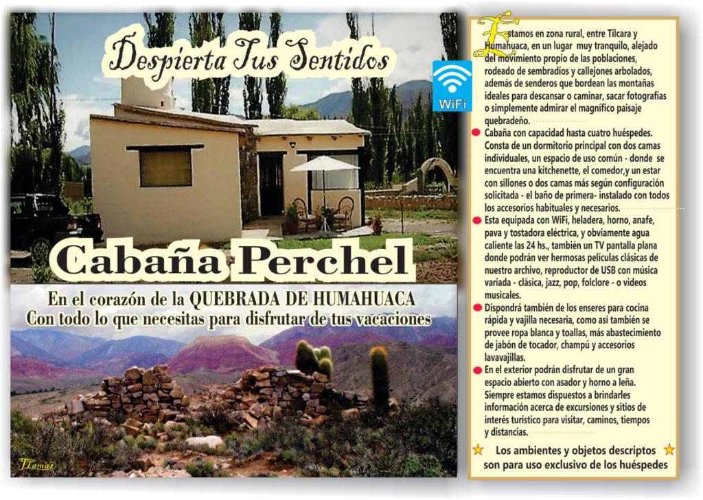 胡阿卡勒拉CabañaPerchel Tilcara Quebrada de Humahuaca的杂志广告,为分部的房屋作广告