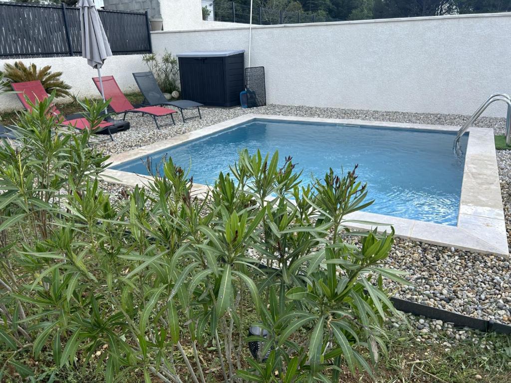瓦隆蓬达克vacances en Ardéche "maison Chauvet"的庭院里种有植物的游泳池