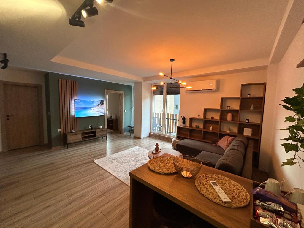 马夫罗沃Adora's Apartment Mavrovo的带沙发和电视的客厅