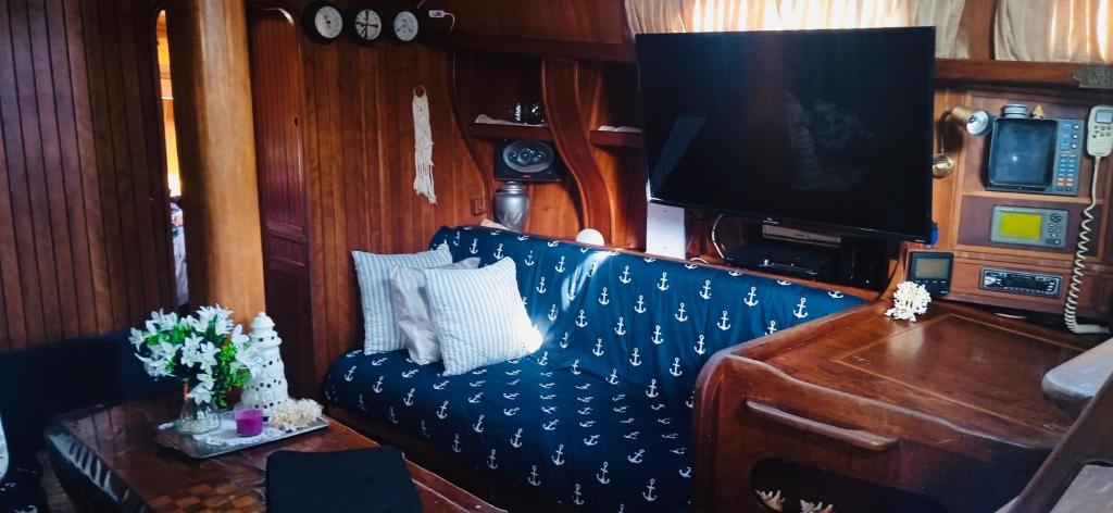 CareneroSail boat in Bocas del Toro的客厅配有蓝色的沙发和电视