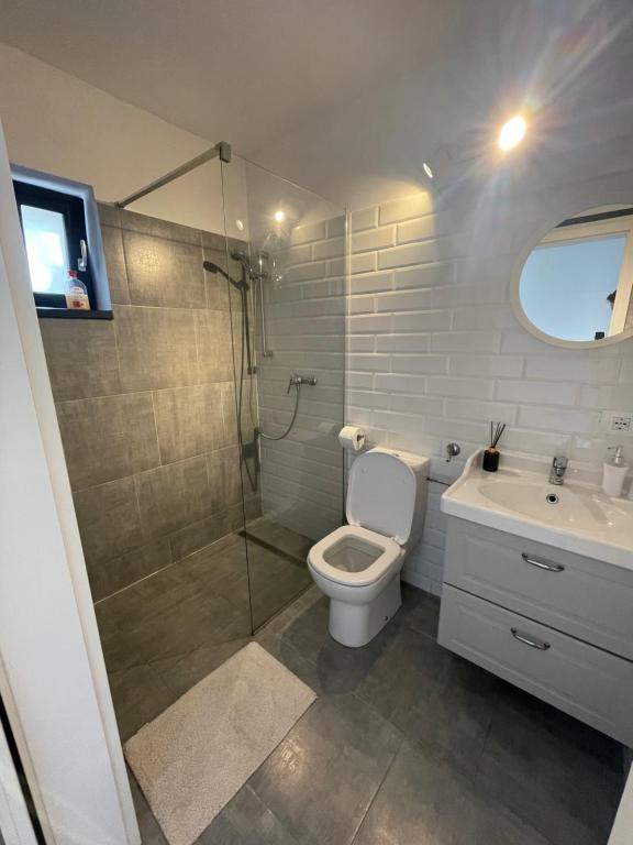 蒂米什瓦拉Maremi的带淋浴、卫生间和盥洗盆的浴室