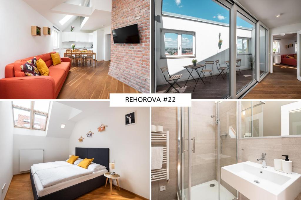 布拉格瑞霍洛瓦公寓的客厅和带红色沙发的用餐室