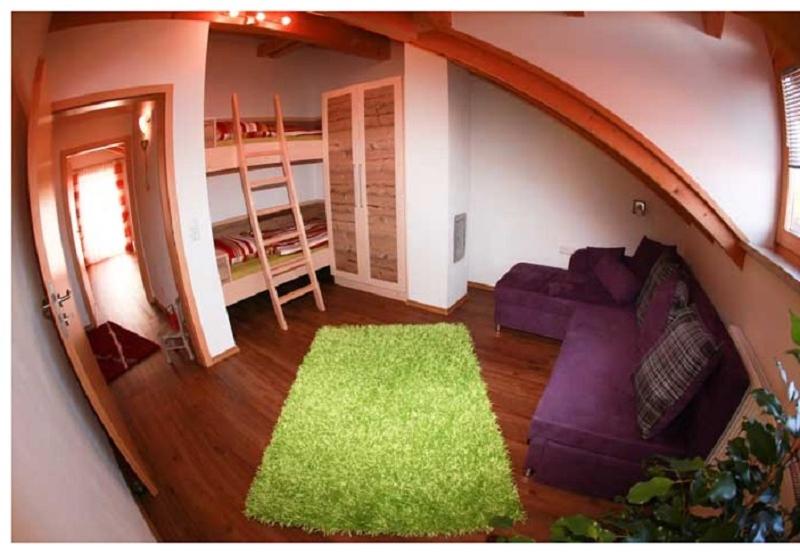 茨维泽尔Ferienwohnung Mühl的客厅配有紫色沙发和绿色地毯。