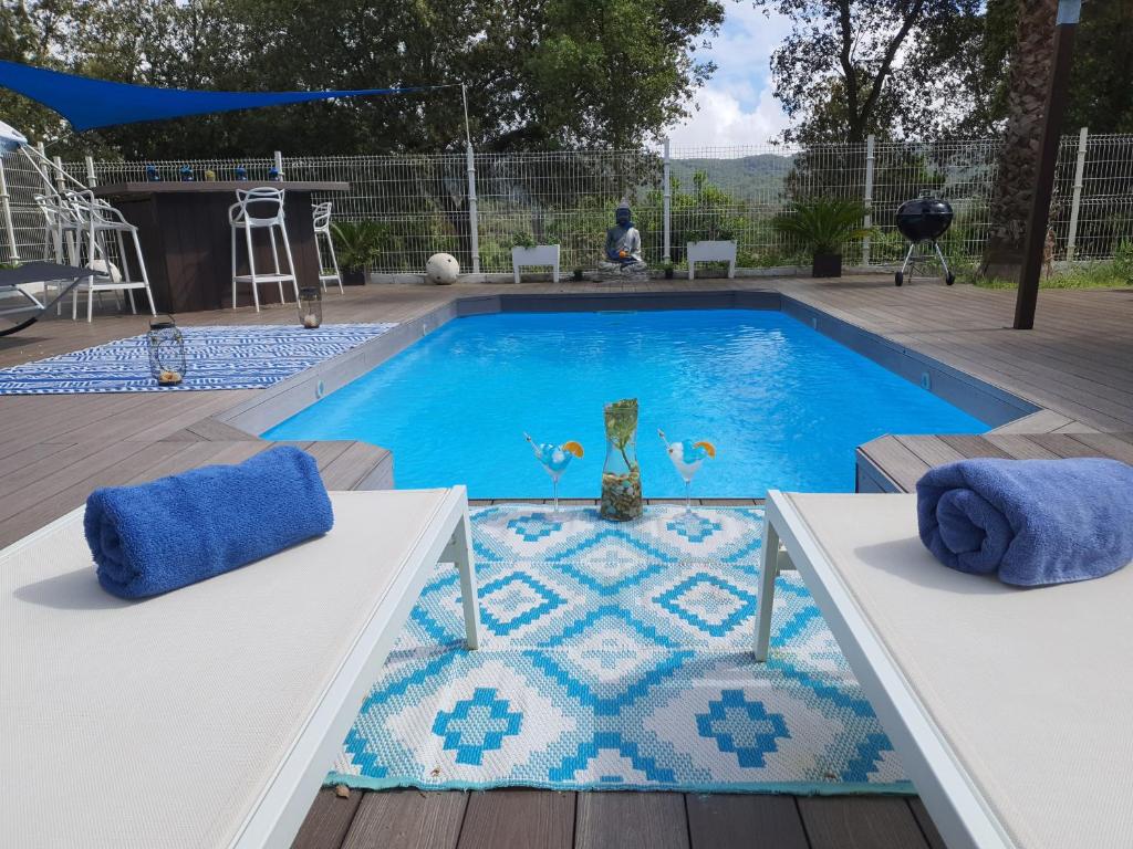 CanyamásSpa Ibiza Dosrius的游泳池设有2个白色长椅和蓝白色图案地毯
