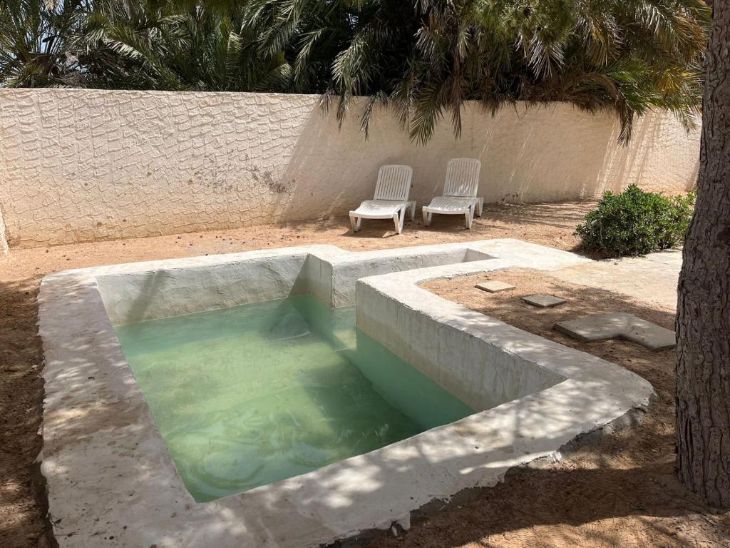 迈来亚App 2 chambres piscine privative 600m plage的棕榈树旁的一个带两把椅子的水池